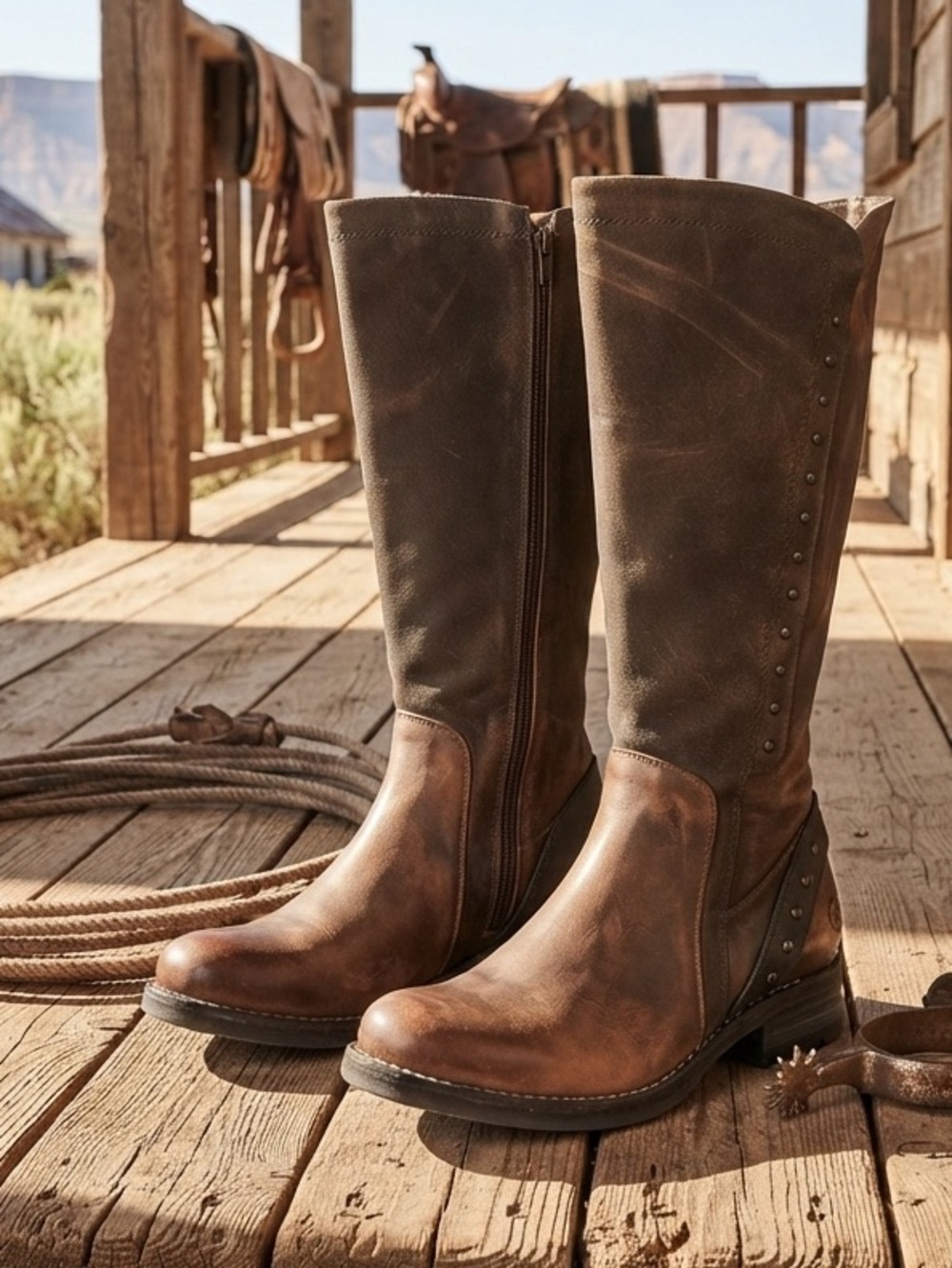 Casta Roma Taupe Tall Leather Riding Boots Distressed Moto Studded
